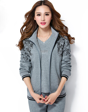 2016春季新款女士运动服套装春秋季休闲大码运动套装女款 灰色 xxxl