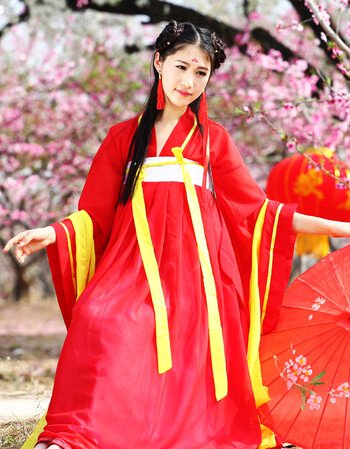 古装服装仙女清新淡雅公主襦裙齐胸古代学生唐服 红色广 全套红色广袖