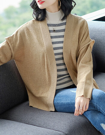 画碧 针织衫女开衫短款薄款2018秋季新款女士长袖蝙蝠袖拼接纯色百搭