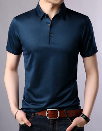 夏季新款男士真丝短袖t恤中年半袖翻领上衣男装桑蚕丝纯色polo衫 哈青