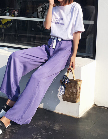 阔腿裤女夏2018新款雪纺高腰复古温柔风垂感飘逸超仙休闲裤 紫色 xl