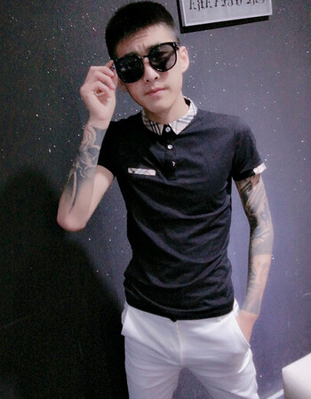 红人同款社会潮流修身polo衫衣服 精神小伙半截短袖t恤男2018 黑色 xl