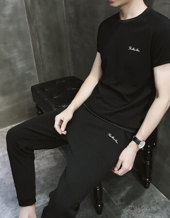 夏季男冰丝9分八分休闲小脚裤子韩版修身潮流百搭九分两件一套装 黑衣