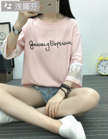 女孩00后韩版宽松短袖t恤初中学生中袖上衣服12大童15岁闺蜜夏装 蕾丝