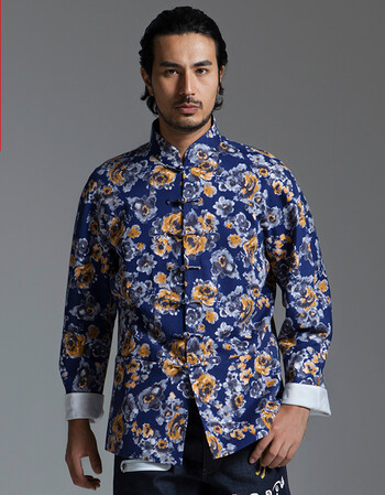 花笙记民族复古中国风繁花唐装男士立领长袖修身盘扣中式中装棉秋 靛