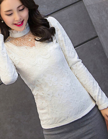 莫卡妮雪 2016春装时尚女装修身长袖蕾丝打底衫 白色 m