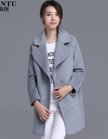 
                                        阿森图  2017冬装新款韩版女装 气质纯色大翻领茧型加厚毛呢子大衣外套女 带口袋 灰色 M                