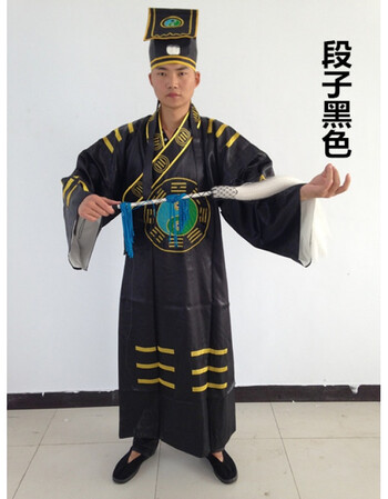 道士服装道教服法器用品道服法衣道袍八卦衣八卦服 段子黑色 帽子 l