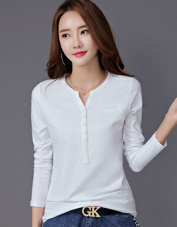 长袖t恤女2018新款韩版宽松上衣春秋打底衫v领纯白色棉百搭体恤潮