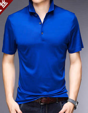 桑蚕丝短袖t恤男潮流纯色百搭衬衫领polo衫休闲爸爸装薄 宝蓝色 180