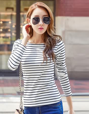 2018秋季新款条纹t恤女百搭纯棉大码女装韩版打底衫长袖上衣服女 白色
