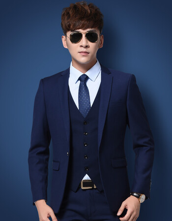 西服套装男士三件套商务正装职业西装修身伴郎新郎结婚礼服黑色秋