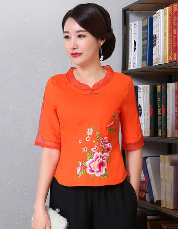 2018夏季新款中式改良时尚唐装女短款复古七分袖中国风旗袍上衣 橘色