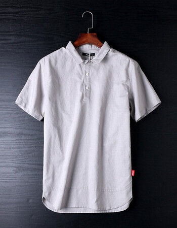 尾单男亚麻polo衫短袖薄款宽松原单日系棉麻带领t恤上衣 灰色 l