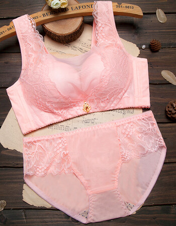 无钢圈文胸套装防走光抹胸背心式小胸罩 聚拢厚款性感收副乳 粉红色