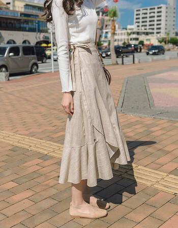 2018夏季新款半身裙中长款亚麻系带过膝长裙荷叶边高腰宽松女裙子