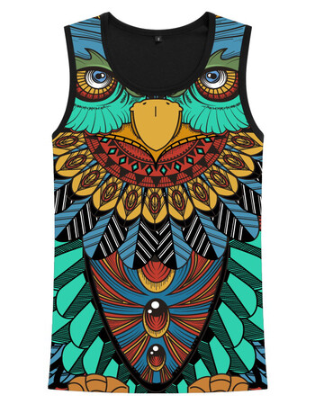 中国风猫头鹰民族风动物图案3d印花男装背心速干大码运动无袖t恤 黑色