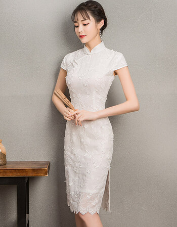 旗袍2018新款粉色日常改良低领蕾丝连衣裙中国风夏季修身 白色下摆