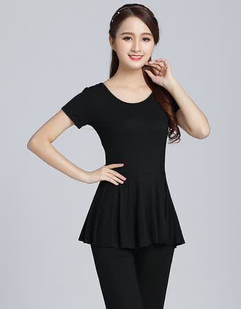 新款广场舞服装春夏季短袖练功服莫代尔女成人黑色舞蹈服上衣 黑色 更