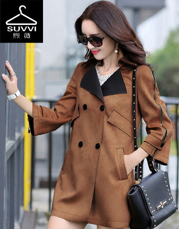 煦薇 SUVVI 2015秋冬新款宽松双排扣时尚外套女 咖啡色 S