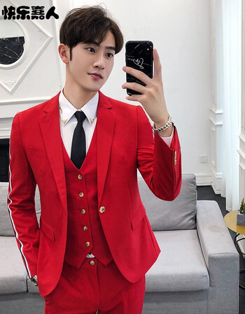 修身男西装马夹长裤三件西服套装青春流行青年四季结婚礼服套装 红色