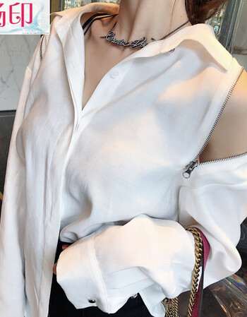 畅印chic早秋衬衫女2018新款宽松露肩长袖衬衣慵懒港复古漏锁骨上衣