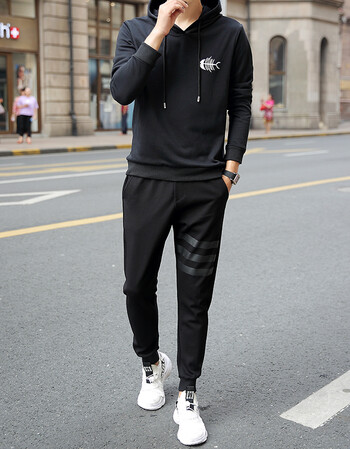 运动套装男春秋连帽卫衣休闲大码运动服青少年马甲 黑衣 黑裤(1803)