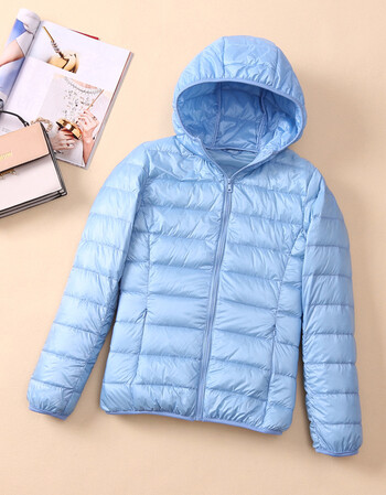 轻薄羽绒服女短款立领连帽时尚韩版修身秋冬大码女装外套潮 水蓝色连