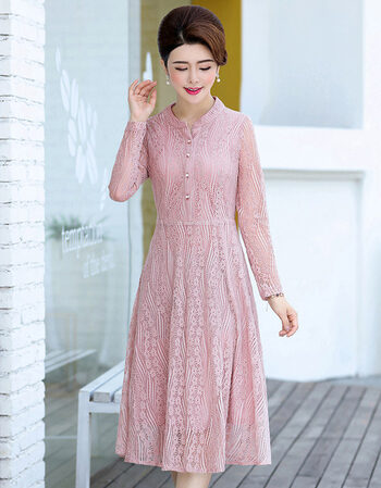 妈妈装秋装连衣裙中老年女装2018新款40-50岁气质中长款过膝长裙 粉红