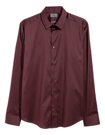 h&m男装衬衫 2018年新款棉混纺舒适修身长袖衬衣 hm__3 酒红色 xs