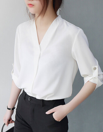 2018新款韩范中长v领白衬衫女短袖宽松显瘦雪纺衬衣百搭气质上衣 白色