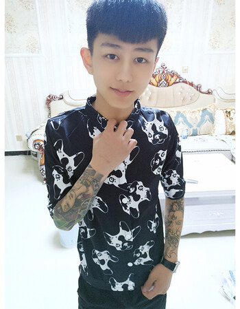 快手红人网红同款花衬衫男韩版精神小伙寸衫社会人五分袖衬衣2018