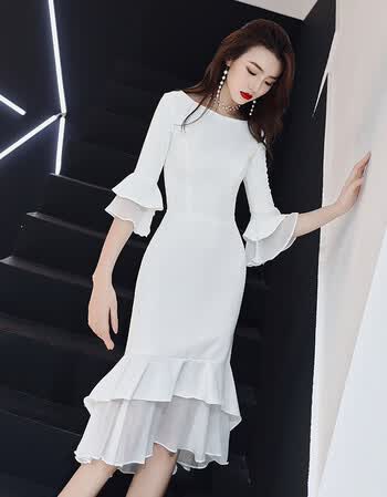 晚礼服女2018宴会高贵优雅中长款修身显瘦鱼尾中袖白色洋装小礼服