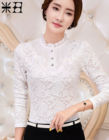 米丑2018秋冬新款花边立领蕾丝打底衫女韩版修身显瘦胖mm长袖t恤 白色
