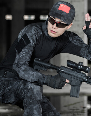 户外黑色蟒纹迷彩服套装男军迷修身特种兵蛙服作训服战术服装 黑色蟒