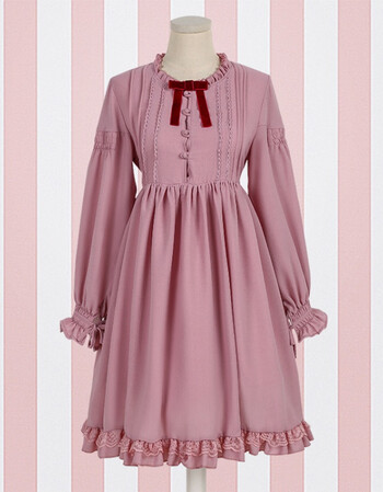 018洛丽艺灯笼袖蕾丝日系长袖连衣裙软妹裙 雾粉色 s