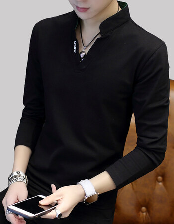 新款纯棉长袖t恤男士v领青年衣服男秋季韩版修身男装上衣打底衫潮 t02