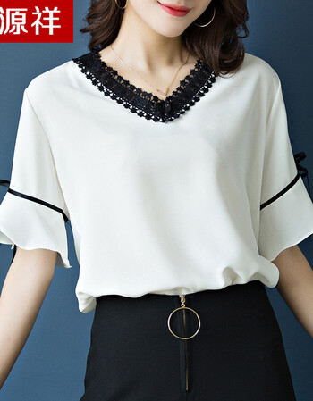 恒源祥 2018夏季新款v领中袖t恤女喇叭袖拼接韩版宽松百搭显瘦上衣