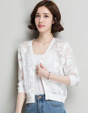 v领绣花雪纺开衫女七分袖空调衫防晒衫女开衫外搭上衣春夏天 白色 m