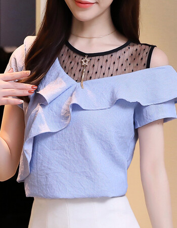 夏季新款韩版网纱拼接荷叶边露肩不规则衬衫女短袖雪纺衫上衣 蓝色