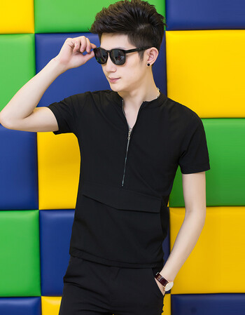 夏季男款开衫短袖卫衣拉链青少年社会小伙韩版修身半袖v领打底衫 黑色