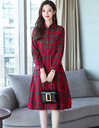 枫宇薇长袖连衣裙2018秋季新款甜美时尚衬衫领中长款收腰显瘦格子裙