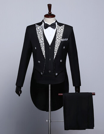 新品日常燕尾服男新郎伴郎服套装魔术表演年会主持指挥舞蹈服 黑色镶