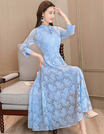 袖蕾丝连衣裙女2018秋季新款韩版改良旗袍复古立领内搭长裙子 浅蓝色