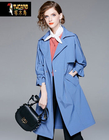 品牌中长款风衣女2018秋季新品女装系带西装领单排两粒扣外套 蓝色 s