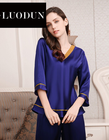 新款真丝睡衣女套装100%桑蚕丝睡衣简约纯色花边家居服两件套 宝蓝色