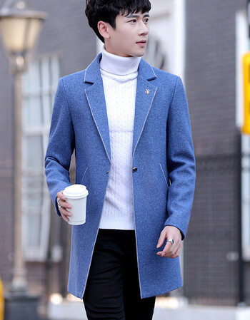 男中长款粉色呢子大衣韩版帅气毛妮冬装男士外套 8811蓝色(常规款) l