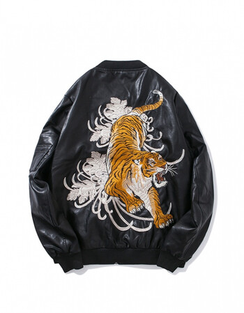 外套帅气皮夹克刺绣老虎修身潮流帅气机车皮衣男 黑色 新款老虎皮衣