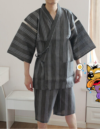 袋鼠日本春夏季男士和服日式纯棉短袖睡衣套装日系汗蒸浴衣甚平 灰三