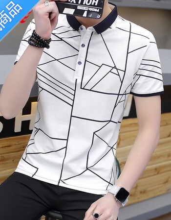 男士短袖t恤衬衫领体恤修身半袖上衣服打底衫青年潮时尚短tbf 601几何